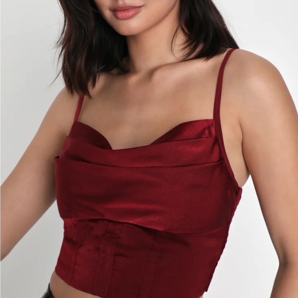 Flirty Spell Burgundy Satin Cowl Neck Bustier Crop Top
